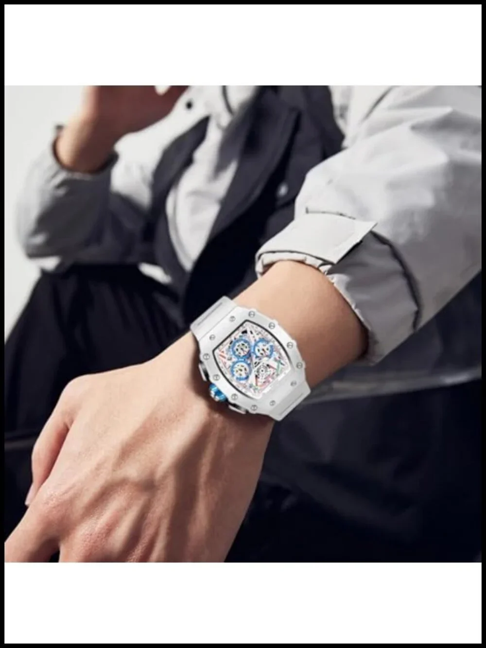 Men's Tonneau Skeleton Chronograph Watch Silicone Strap 30M